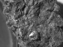Un campione di pirossenite, una roccia composta principalmente da minerali di pirosseno.