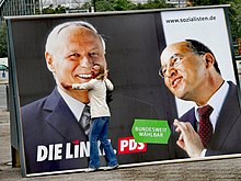 Election poster of Die Linke.PDS with the top candidates Oskar Lafontaine and Gregor Gysi on the occasion of the Bundestag election campaign 2005.