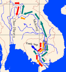 Hinterindien with Mekong and Chao Phraya as distribution area of the Pangasius, as well as migrations in the Mekong: Orange - March to May; Dark green - May to September; Red - October to February; Hatching - spawning areas of the southern Mekong population