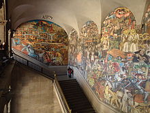 View of two of the frescoes of the Epic of the Mexican People in the Palacio Nacional. This is one of Rivera's most famous and important works.