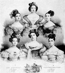 Ballerinas of the Paris Opera Le Peletier (clockwise): Lise Noblet, Marie Taglioni, Mlle Julia [de Varennes], Alexis Dupont, Amélie Legallois and Pauline Montessu, premiers sujets, 1831.