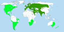 Distribution of Passer domesticus, dark green = natural or original distribution, light green = secondary distribution.