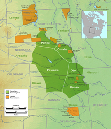 Former tribal territory of the Pawnee and neighboring tribes and present reservations in Nebraska and Oklahoma.