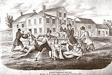 Massacre dos índios em Lancaster pelos Paxton Boys em 1763 , litografia publicada em Events in Indian History (John Wimer, 1841).