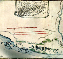 Depiction of the situation before the surrender at Perevolochna on 11 July 1709 (Russians = red; Swedes = blue).