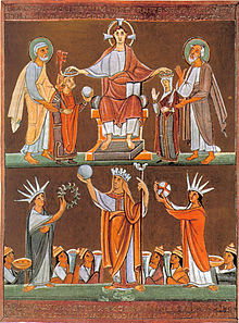 Henry II and Cunegonde crowned by Christ, personifications offering gifts in homage. Representation from the Pericopes Book of Henry II, Munich, Bavarian State Library, Clm 4452, fol. 2r