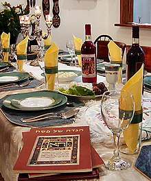 Seder table with Haggadah books