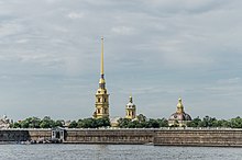 Peter and Paul Fortress. In the middle the two gilded towers of the Peter and Paul Cathedral.