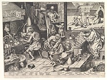Engraving by Pieter Brueghel the Elder: The Alchemist