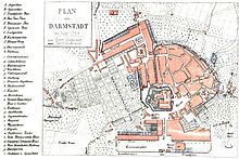 Oldest city map of Darmstadt from ca. 1759 by (Kaspar Ludwig) Bettenhäuser. (Note: East is up here.)