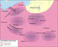 Slavic tribes united during the reign of Duke Mieszko, including the Polans, Wislans, Silesians, Mazovians, Pomorans and Lendizians (Polish map).