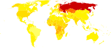 Ano de vida ajustado à incapacidade para envenenamentos por 100.000 habitantes em 2004.      sem dados <10 10-90 90-170 170-250 250-330 330-410 410-490 490-570 570-650 650-700 700-880 >880