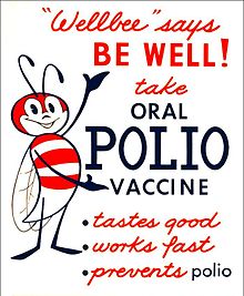 Questo poster del 1963 mostra la mascotte nazionale del CDC per la salute pubblica, il "Wellbee", che incoraggia la gente a fare il vaccino orale contro la polio.