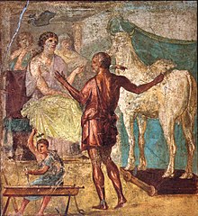 Daidalos brings Pasiphae the artificial cow; fresco in the Vettier house, Pompeii.