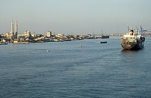 Entering the Suez Canal at Port Said in May 2008, in the background Port Fouad with its "Great Mosque