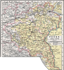 Schneidemühl north of the city of Posen and west of the city of Bromberg on a map of the province of Posen from 1905 (areas marked in yellow indicate areas with a majority Polish-speaking population at that time)