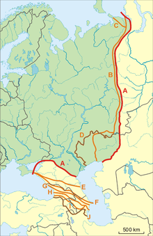 А-F: Boundary demarcations between Europe and Asia in Russia. The conventional border after Strahlenberg (A) is marked in red. A frequently accepted borderline runs along (B) Ural (mountains and river) and (F) Caucasus watershed.