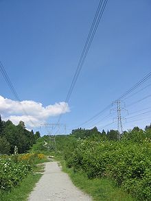 Transmissietorens en -lijnen van BC Hydro in Coquitlam, British Columbia.