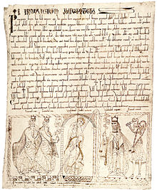 A Privilegium Imperatoris, as the document titles itself. It was issued during the reign of Alfonso VII of León and Castile and grants land to an abbot (bottom center) for the foundation of a Benedictine monastery. Behind Alfonso on the right is his majordomo Count Ponç II of Cabrera, holding a sword and shield with his coat of arms. Below left, Alfonso's sons Sancho and Fernando are seen.
