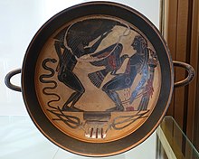 The bound Prometheus with the eagle; on the left his brother Atlas (Laconic black-figure drinking bowl by the Arkesilas painter from Cerveteri, c. 560/550 BC, Vatican Museums, Museo Gregoriano Etrusco 16592)