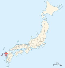 Mapa prowincji japońskich (1868) z zaznaczoną prowincją Hizen