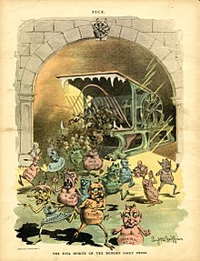 Paskudne małe diabły drukarskie wypluwają się z prasy Hoe w tej kreskówce Puck z 21 listopada 1888 r.