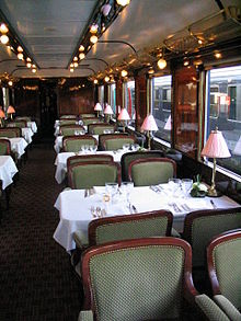 View into a dining car of the Pullman Orient Express