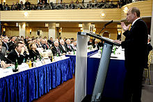 Vladimir Putin during his speech at the 2007 Munich Security Conference, in which he criticized the U.S. pursuit of a monopolistic world