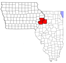 Een kaart van waar het Quad Cities gebied ligt in Iowa en Illinois  