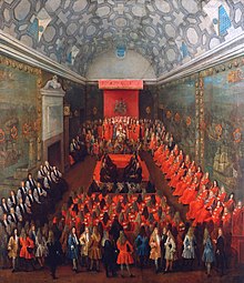 Queen Anne delivers a speech from the throne to the House of Lords, c. 1708-14.