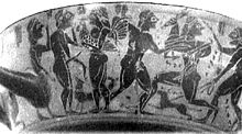 左から2番目の男性が勃起している様子が描かれたギリシャの壺の一部。イタリアのローマにある国立エトルリア博物館に所蔵されているこの壺は、エトルリア文明（紀元前1200～100年頃）のもの。