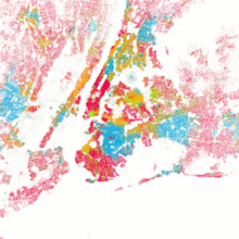 Illustration of ethnic population distribution in New York City in 2000. White , Black , Asian , Latino .