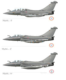 Piirustus Ranskan käytössä olevista Rafale B-, C- ja M-koneista.  