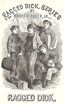 Ilustrācija no grāmatas priekšpuses, kas popularizē Ragged Dick sēriju