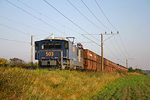 A coal train on the RWE-Nord-Süd-Bahn electrified with 6.6 kV at 50 Hz near Frechen-Habbelrath