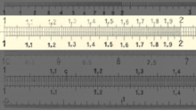 Logarithmic scale division of a slide rule (detail)