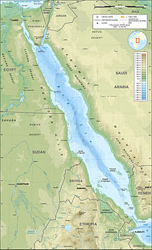Mapa batimétrico del Mar Rojo con el Bab-el-Mandeb en la parte inferior derecha