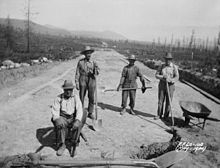 In 1933, attempts were made to employ men in road construction - only in exchange for room and board - as here at Kimberly-Wasa. This led to protests in 1934.