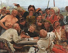 Painting The Zaporozhian Cossacks write a letter to the Turkish Sultan by Ilya Repin (1880)