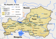 Kaart van de moderne Republiek Tuva. De Volksrepubliek had grotendeels dezelfde grenzen.