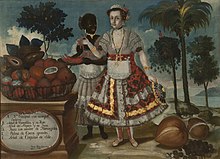Portret van de leidende dame van Quito met zijn zwarte slaaf . Vicente Albán, 18e eeuw.