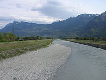 The straightened Alpenrhein meanders between gravel banks