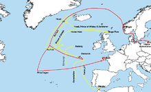 El viaje del Bismarck y el Prinz Eugen están en rojo, y los barcos británicos en amarillo  