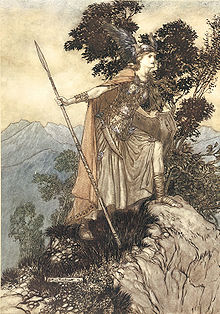 Valkýra Brünnhilda. Ilustrace Arthura Rackhama (1867-1939) k opeře Richarda Wagnera Die Walküre.  