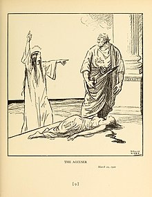 The Accuser . Caricature of the American cartoonist Rollin Kirby from 1920: Mankind accuses the Senate of the United States for murdering the Treaty of Versailles.