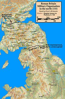 Wall fortifications and forts in northern Britain (155 AD). At this time, the forts on Hadrian's Wall were largely unmanned.