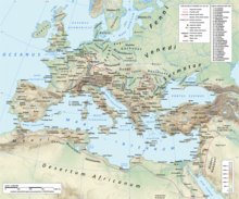 Sarmaten afgebeeld in de steppen van Oekraïne (kaart van het Romeinse rijk onder Hadrianus (regeerde 117-138 AD)