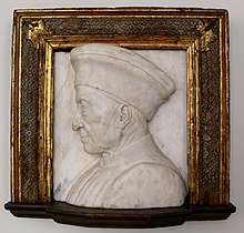 Representation of Cosimo on a high relief in marble, probably from the workshop of Antonio Rossellino, formerly attributed to Andrea del Verrocchio; Staatliche Museen, Berlin