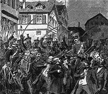 Dissolution of the rump parliament on 18 June 1849 in Stuttgart: Wuerttemberg dragoons disperse the demonstration of the expelled deputies (book illustration from 1893).