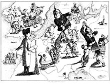 Round painting of Europe in August MDCCCXLIX , political cartoon by Ferdinand Schröder in the Düsseldorfer Monathefte, 1849: Prussia, personified as a military man in a pimple cap, "sweeps" out of Germany with a brush broom the Forty-Eighters, defeated in the German Revolution, who flee to Switzerland and embark for emigration to the New World.